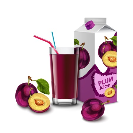 Realistic plum juice glass with cocktail straw and paper pack isolated on white background vector illustrationのイラスト素材