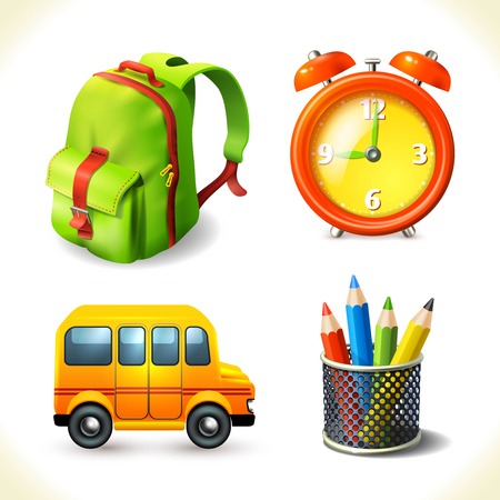 Realistic school supplies education icons set of backpack bus pencil alarm clock isolated vector illustrationのイラスト素材