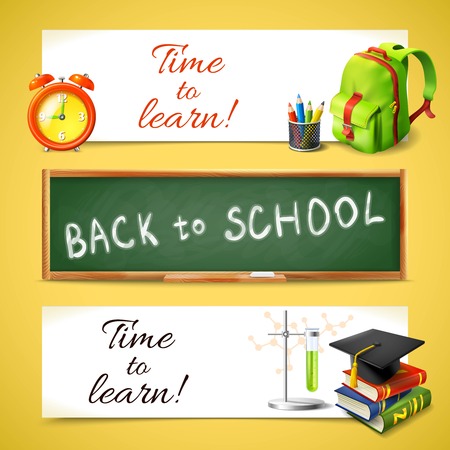 Realistic time to learn back to school horizontal banners set with education icons vector illustrationのイラスト素材
