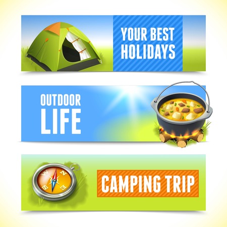 Camping trip outdoor hiking travel holidays horizontal banners isolated vector illustration.のイラスト素材