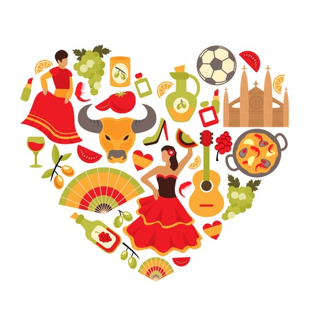 Decorative spain cultural traditions flamenco dance food grape vine emblems heart shape print poster abstract vector illustrationのイラスト素材