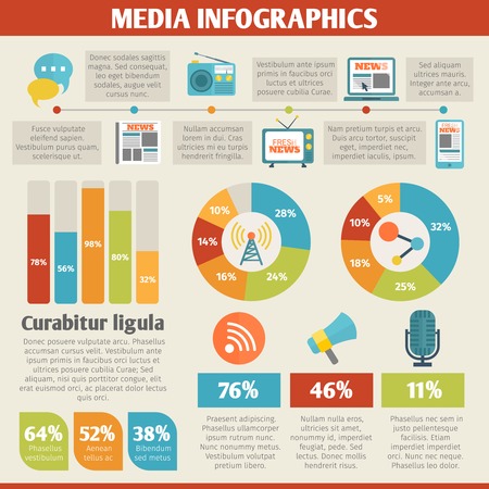 Broadcasting media social news infographics with tv satellite megaphone icons vector illustrationのイラスト素材