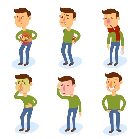Sick characters set of people with pain and diseases isolated vector illustration.のイラスト素材