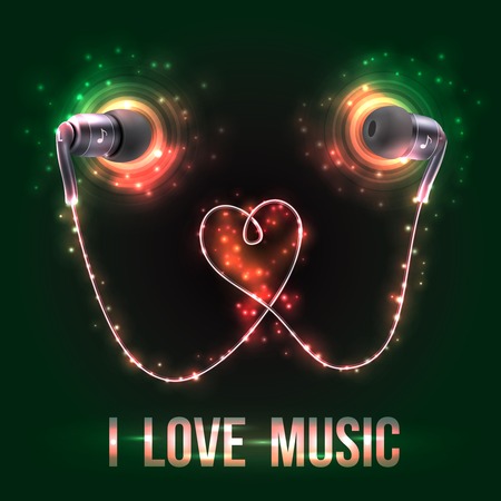 Black headphones earplugs love music  dark background poster vector illustrationのイラスト素材