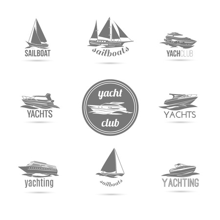 Ocean marine yacht club sail and speed motor boats black silhouettes graphic sketch emblems isolated vector illustrationのイラスト素材