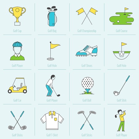 Golf cup bag championship course flat line icons set isolated vector illustrationのイラスト素材