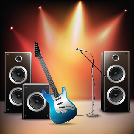 Rock music illuminated stage background with microphone electric guitar and speakers vector illustration.のイラスト素材