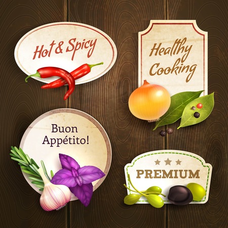 Realistic herbs and spices decorative kitchen badges set on wooden background isolated vector illustrationのイラスト素材