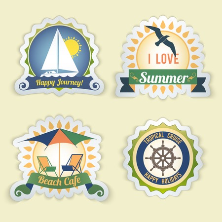 Summer sea retro vacation happy journey beach cafe tropical cruise emblems set isolated vector illustrationのイラスト素材
