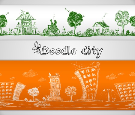 City doodle modern and old urban buildings seamless border vector illustrationのイラスト素材