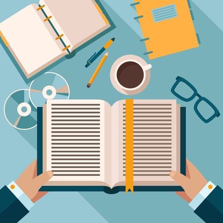 Person reading the book on office desktop with notebook coffee cup and glasses vector illustrationのイラスト素材