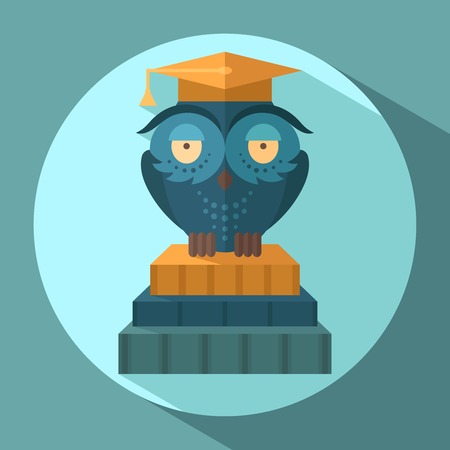 Blue owl in graduation cap sitting on books flat vector illustrationのイラスト素材