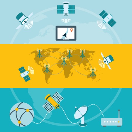 Satellite icons composition of global navigation ground stations and dish communication technology banners flat isolated vector illustrationのイラスト素材