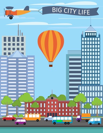 Modern urban building big city life poster with balloon vector illustrationのイラスト素材