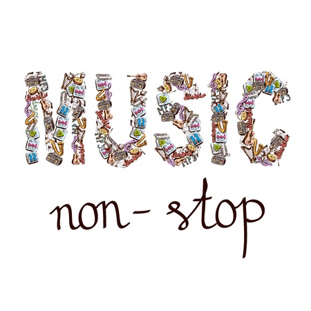 Music word composition with note piano violoncello saxophone in sketch color style illustrationのイラスト素材