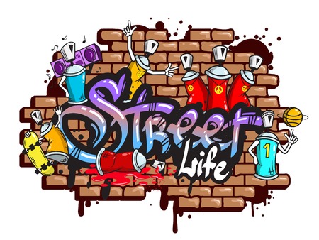 Decorative urban world youth street life graffiti art spraycan characters and drippy blotchy letters composition illustration