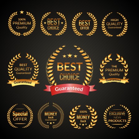 Golden sale premium quality best choice exclusive laurel wreath emblems set isolated on black background vector illustrationのイラスト素材