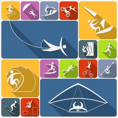 Extreme sports icons flat set of sailing cycling and kiting people isolated vector illustrationのイラスト素材