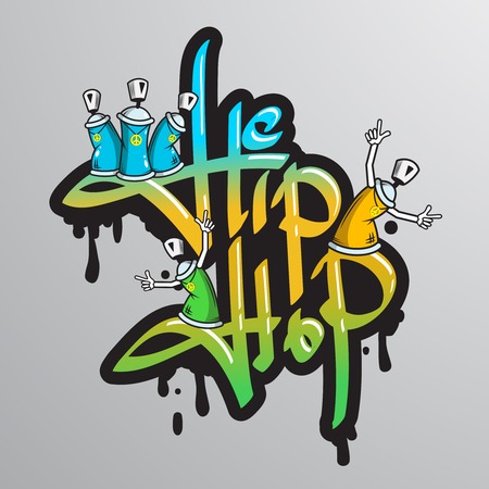 Graffiti spray can crazy characters hip hop musical culture drippy font text composition abstract grunge vector illustrationのイラスト素材