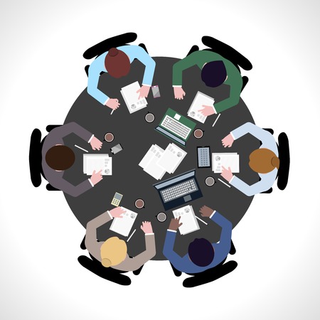 Business team meeting concept top view people on table vector illustrationのイラスト素材