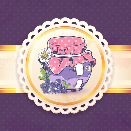Homemade blueberry jam can retro background with paper badge vector illustrationのイラスト素材
