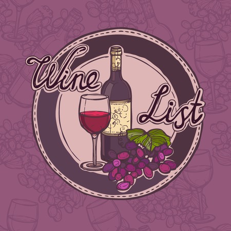 Restaurant wine list sketch menu template with bottle glass and grape branch vector illustration.のイラスト素材