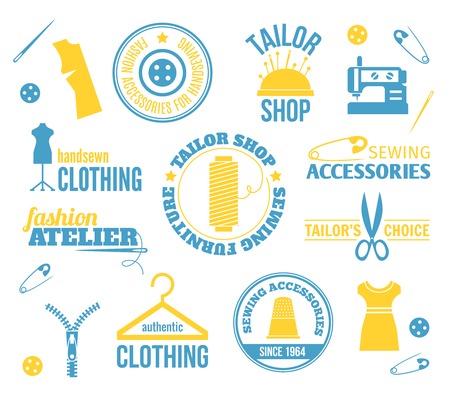 Sewing equipment fashion accessories colored labels set isolated vector illustrationのイラスト素材