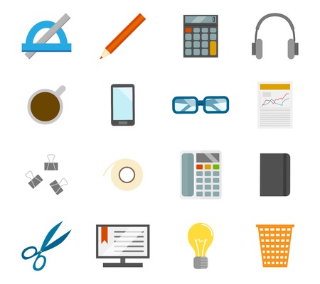 Business office desk icons set of computer coffee cup and stationery isolated vector illustrationのイラスト素材