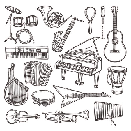 Music instruments sketch icon set with drum violin guitar isolated vector illustrationのイラスト素材