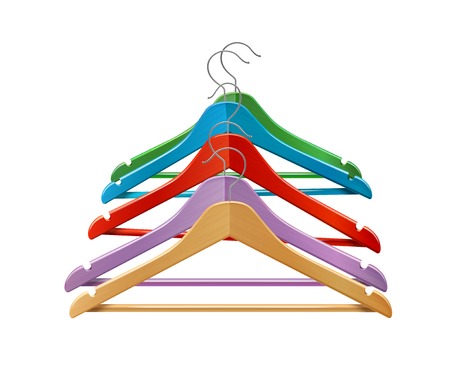 Clothes wooden colored hangers for jackets pants isolated 3d vector illustrationのイラスト素材