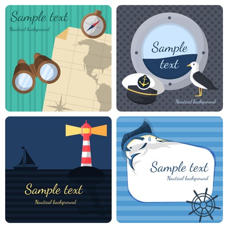 Nautical sea travel mini posters set marine journey cruise vacations isolated vector illustrationのイラスト素材