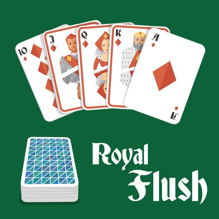 Casino poker gambling diamond royal flush hand and card pile composition vector illustrationのイラスト素材