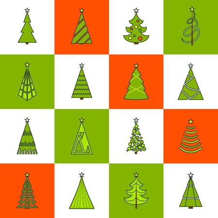 Christmas tree xmas celebration holiday flat line icons set isolated vector illustrationのイラスト素材