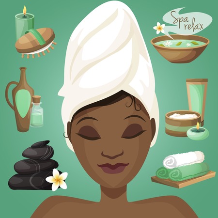 Spa healthcare salon wellness icons with beautiful black woman face vector illustrationのイラスト素材
