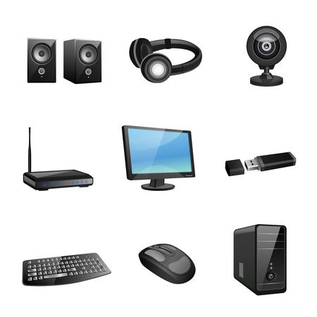 Computer accessories and peripheral black icons set isolated vector illustrationのイラスト素材