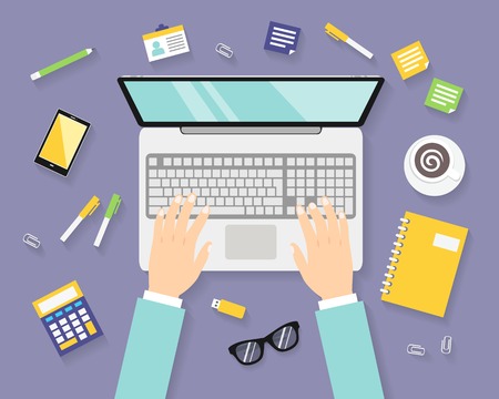 Business office workplace with notebook male hands top view vector illustrationのイラスト素材