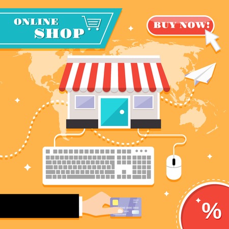 Online shopping concept with store as computer and hand with plastic card vector illustrationのイラスト素材