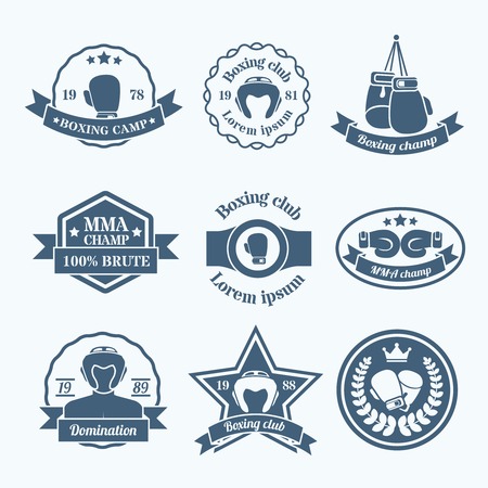 Box fight sport camp club championship emblems grey set isolated vector illustrationのイラスト素材
