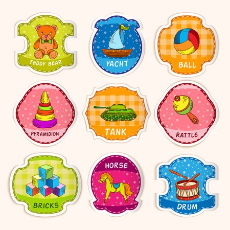 Decorative children toys sketch icons with kid play room wallpaper background vector illustrationのイラスト素材
