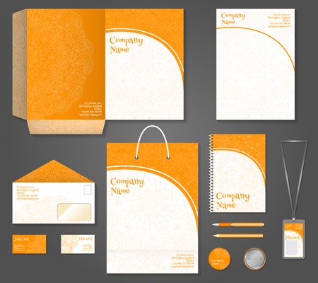 Orange ornamental business company stationery template for corporate identity set isolated vector illustrationのイラスト素材