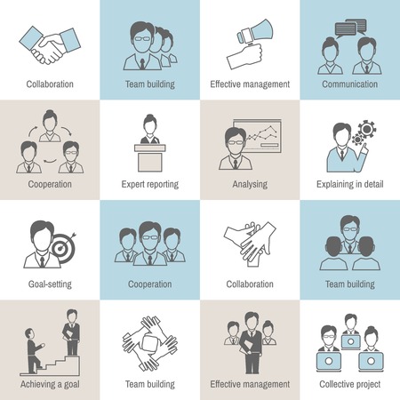 Teamwork business collaboration effective management flat line icons set isolated vector illustrationのイラスト素材