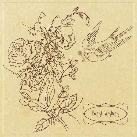 Best wishes vintage greetings card design with rose sweet peas flowers and bird outline sketch vector illustrationのイラスト素材