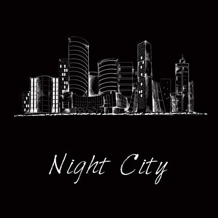 Modern city downtown business center edifice building night silhouette contrast contour skyline sketch  abstract black vector illustrationのイラスト素材
