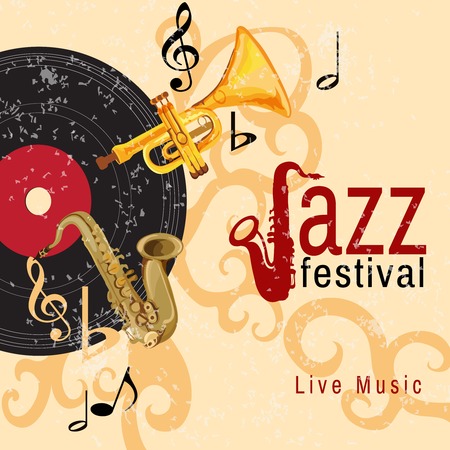 Jazz retro music festival concert live horn performance poster with black vinyl gramophone record abstract vector illustrationのイラスト素材