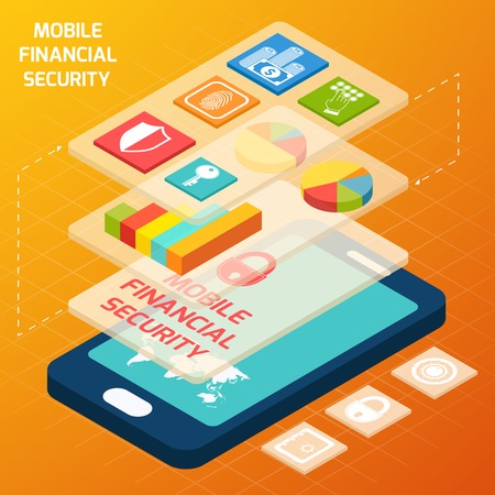 Isometric mobile financial secure and business elements with smartphone vector illustrationのイラスト素材
