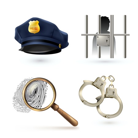 Law legal justice police icons set with officer hat handcuffs fingerprints isolated vector illustrationのイラスト素材