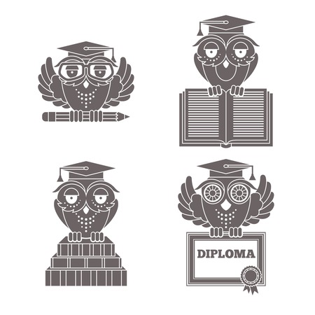 Black owl in graduation caps with books and diploma silhouette set isolated vector illustrationのイラスト素材
