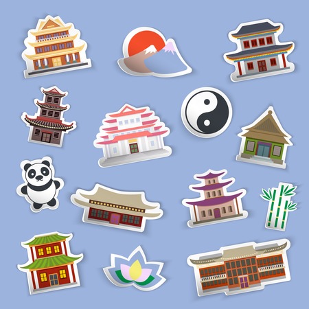 Chinese house and traditional culture symbols stickers isolated vector illustrationのイラスト素材