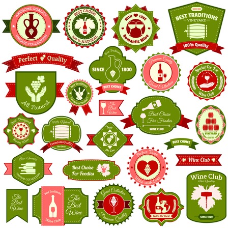 Wine alcohol drink label emblems and ribbons flat colored set of isolated vector illustrationのイラスト素材