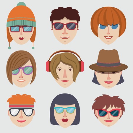 Hipster girl character faces decorative icons set isolated vector illustrationのイラスト素材